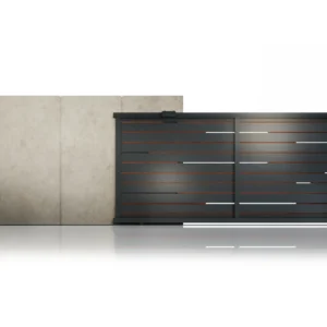 Poarta culisanta din aluminiu, prefabricata, model Ragnar, 3000x2000mm, insertii tip lemn